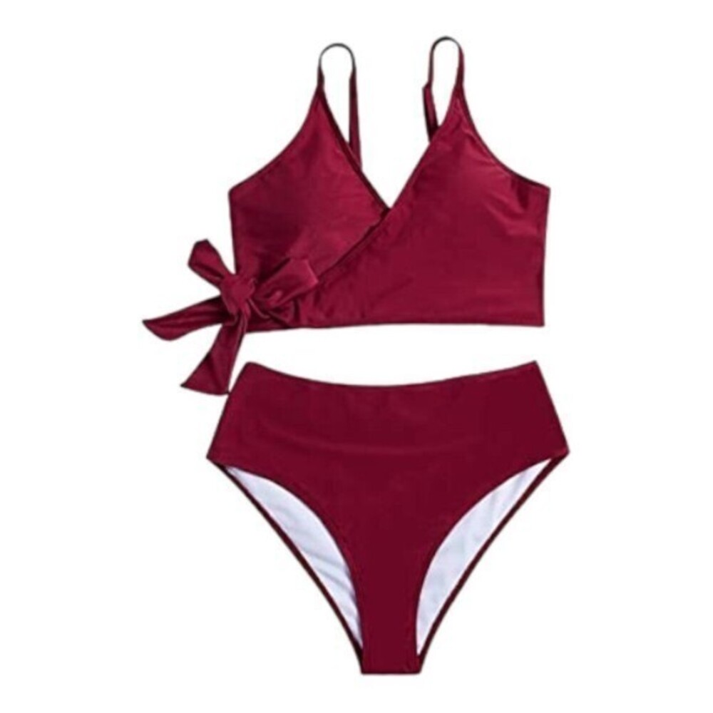 Women's Maroon V-Neck Side Tie Bikini Swimsuit Size Large EUC #7824